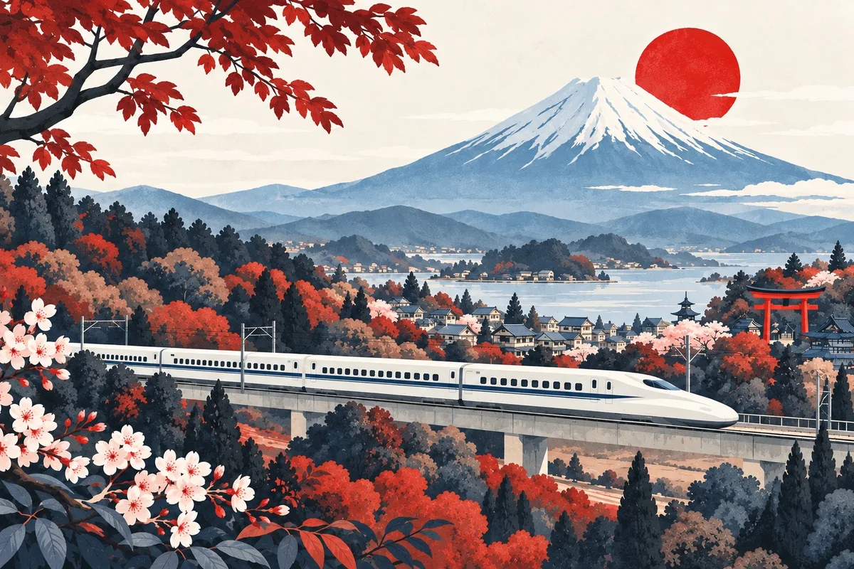 Editorial illustration of a bullet train passing Mount Fuji and a lakeside Japanese town